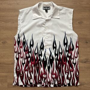 VTG Y2K Steve & Barrys Club Shirt Shirt Mens L White Flame Cut Off Sleeves